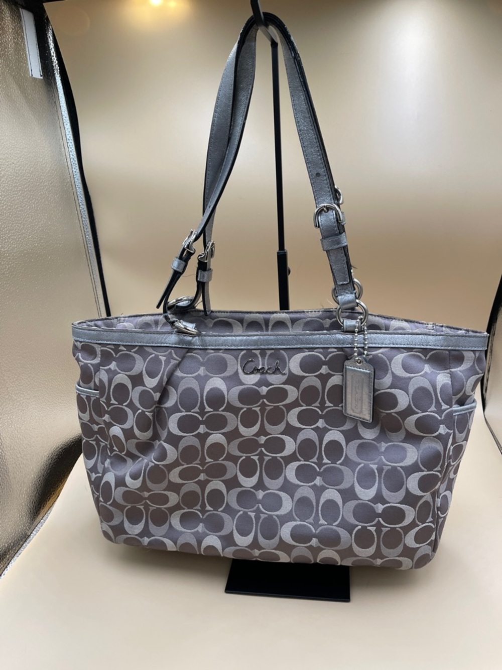 Coach Gray and Silver Metallic Signature Satchel G1175-F17698 Daily Coach